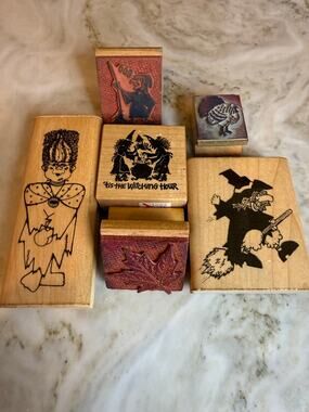 Vintage Rubber Stamp Lot Halloween Witch Thanksgiving Fall Theme